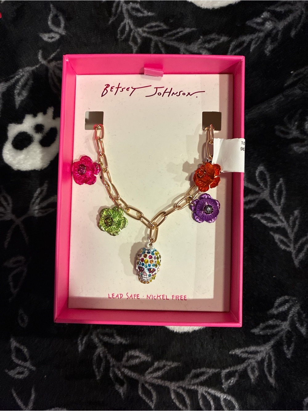 Betsey Johnson Multicolor Flower & Skull Charm necklace- Gold Chain